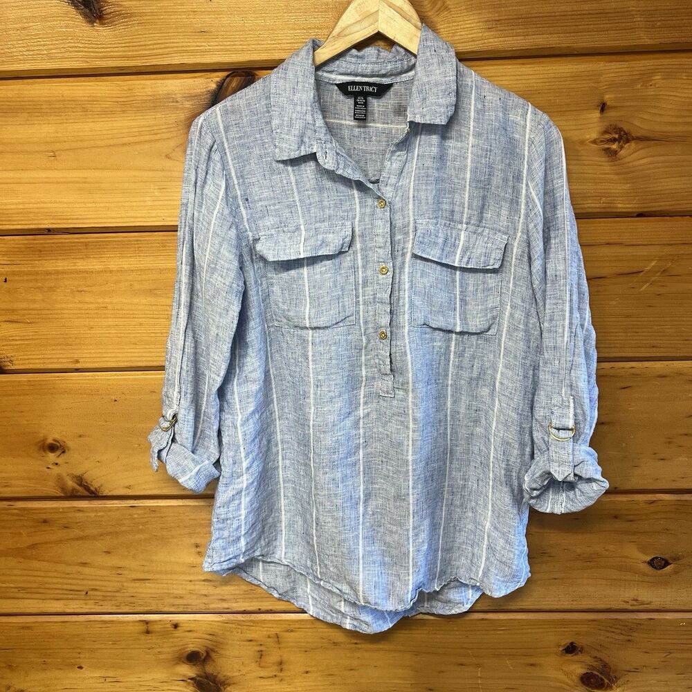 Ellen Tracy Womens 100% Linen Roll Tab Sleeve Popover Blouse Blue Size M